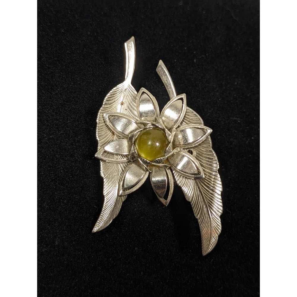 Vintage Silver Tone Double Leaf Green Moon Glow Flower Pin Brooch
